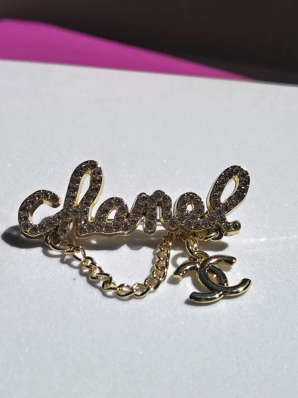 Upcycled Gold-Tone Crystal Brooch with Double CC Charm
